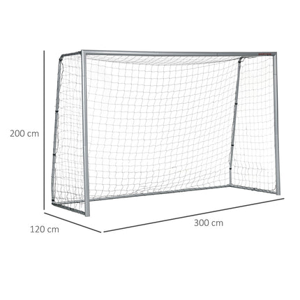 Port de fotbal cu plasă PE Port de fotbal pentru copii și adulți 300 x 120 x 200 cm oțel PE grădină antrenament fotbal gri