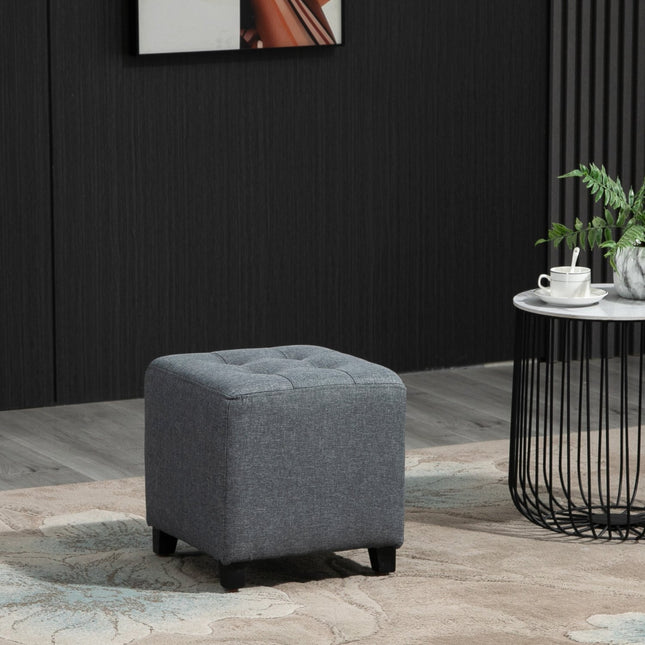 Taburet pentru picioare, scaun pătrat, otoman cu aspect de in, picioare din lemn, suport pentru picioare, gri, 35 x 35 x 35 cm