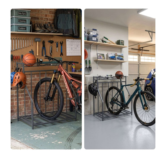 Suport de biciclete independent, coș și 6 cârlige, fante reglabile
