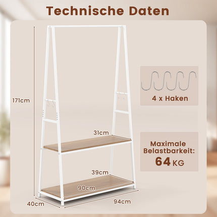 Suport de haine independent cu 2 rafturi, alb
