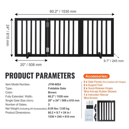 Freestanding Dog Gate, 24 in H x 60 in W, 3-Panel Foldable