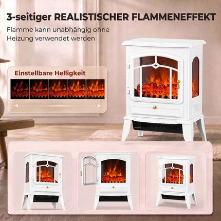 Freestanding Electric Fireplace with 3-Sided Panorama View, 1000/2000W, White