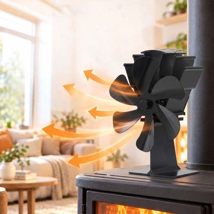Freestanding Stove Fan with 6 Blades, No Electricity Needed, Black