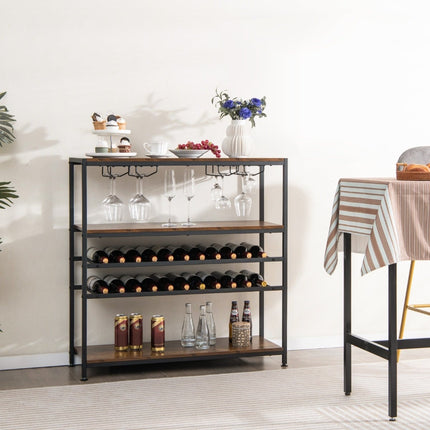 Suport de vin independent cu suport pentru pahare, maro rustic