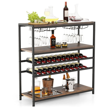 Suport de vin independent cu suport pentru pahare, maro rustic