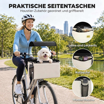 Front Dog Bike Basket with Sun Canopy, Up to 5 kg, Cream White, Shoulder Strap