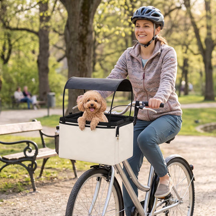 Front Dog Bike Basket with Sun Canopy, Up to 5 kg, Cream White, Shoulder Strap