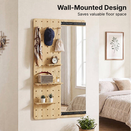 Full Length Mirror with Sliding Pegboard and 3 Shelves, Solid Wood, Natural