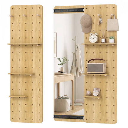 Full Length Mirror with Sliding Pegboard and 3 Shelves, Solid Wood, Natural