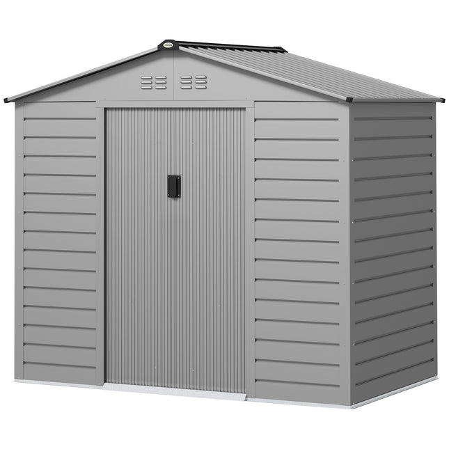 Magazin de scule din oțel galvanizat 2.43? 213x131x192cm Magazin pentru scule cu acoperiș cu fronton, ușă glisantă cu blocare, șopron de grădină rezistent la intemperii, șopron de grădină în aer liber pentru zona exterioară a curții, gri