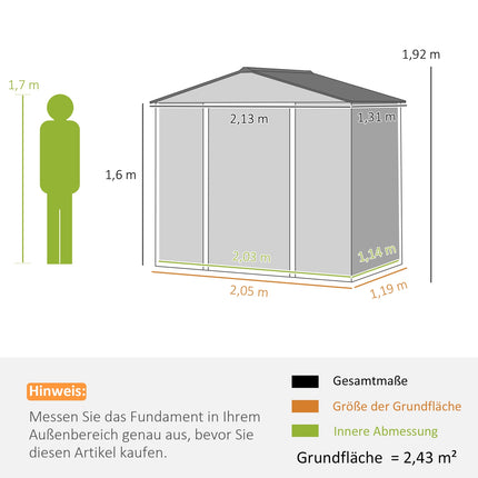 Magazin de scule din oțel galvanizat 2.43? 213x131x192cm Magazin pentru scule cu acoperiș cu fronton, ușă glisantă cu blocare, șopron de grădină rezistent la intemperii, șopron de grădină în aer liber pentru zona exterioară a curții, gri