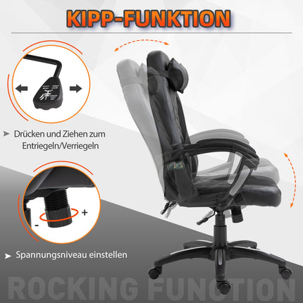 Scaun gaming Scaun de birou cu functie de incalzire 6 puncte de vibratie Scaun pivotant ergonomic Scaun de masaj din piele artificiala neagra L68 X D69 X H (108-117) Cm