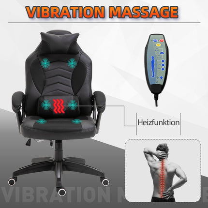 Scaun gaming Scaun de birou cu functie de incalzire 6 puncte de vibratie Scaun pivotant ergonomic Scaun de masaj din piele artificiala neagra L68 X D69 X H (108-117) Cm
