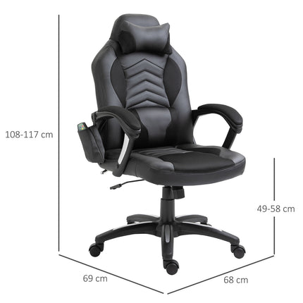 Scaun gaming Scaun de birou cu functie de incalzire 6 puncte de vibratie Scaun pivotant ergonomic Scaun de masaj din piele artificiala neagra L68 X D69 X H (108-117) Cm