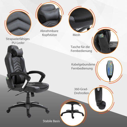 Scaun gaming Scaun de birou cu functie de incalzire 6 puncte de vibratie Scaun pivotant ergonomic Scaun de masaj din piele artificiala neagra L68 X D69 X H (108-117) Cm