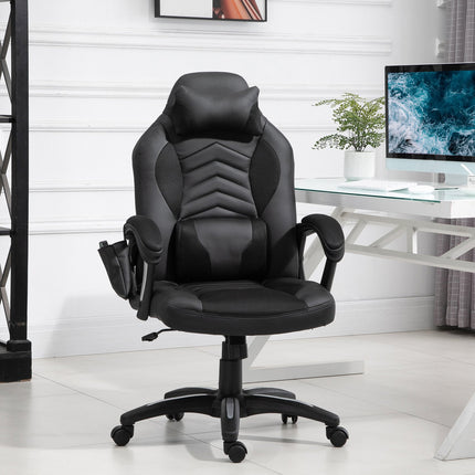 Scaun gaming Scaun de birou cu functie de incalzire 6 puncte de vibratie Scaun pivotant ergonomic Scaun de masaj din piele artificiala neagra L68 X D69 X H (108-117) Cm