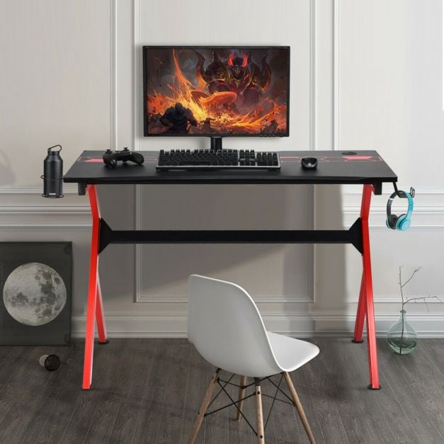 Birou de gaming, în formă de R, cârlig pentru căști, suport pentru pahare, 115 cm