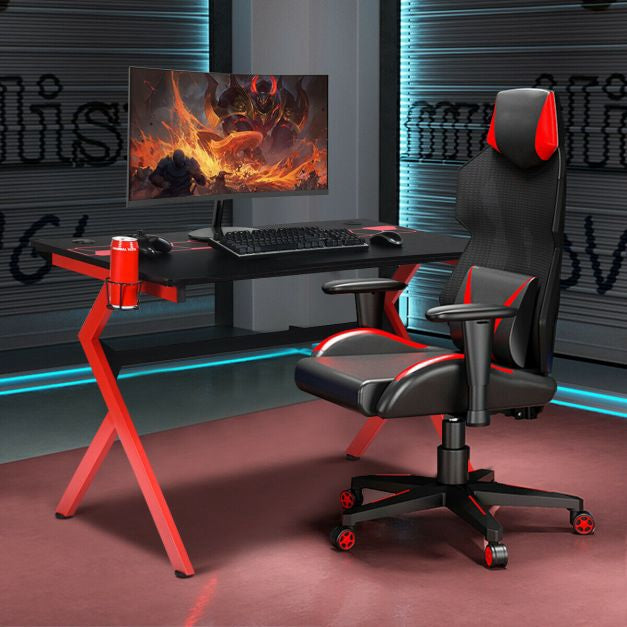 Birou de gaming, în formă de R, cârlig pentru căști, suport pentru pahare, 115 cm