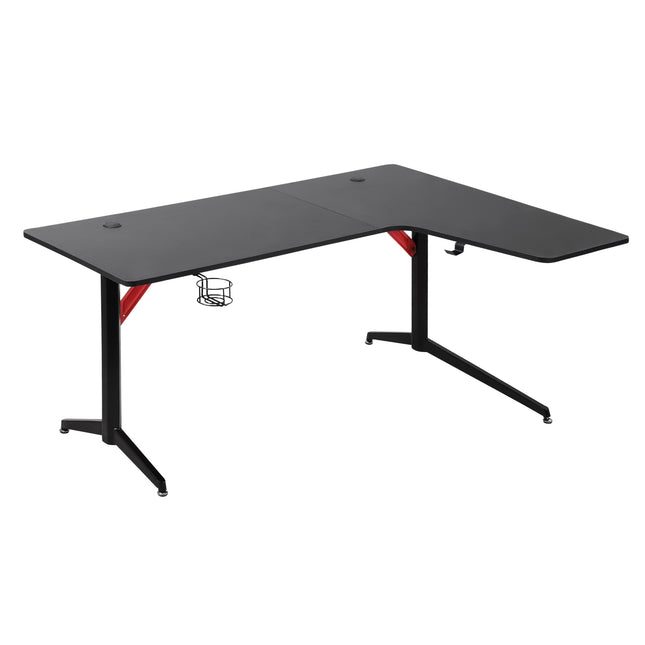 Masa Gaming Pc Masa Birou cu carlig pentru casti si suport pentru pahare, metal Mdf, negru+rosu, 157X111.8X74Cm