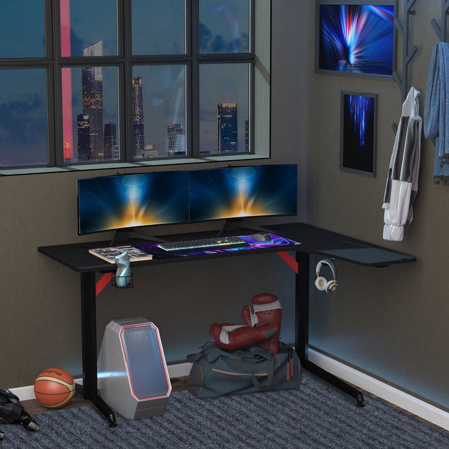 Masa Gaming Pc Masa Birou cu carlig pentru casti si suport pentru pahare, metal Mdf, negru+rosu, 157X111.8X74Cm