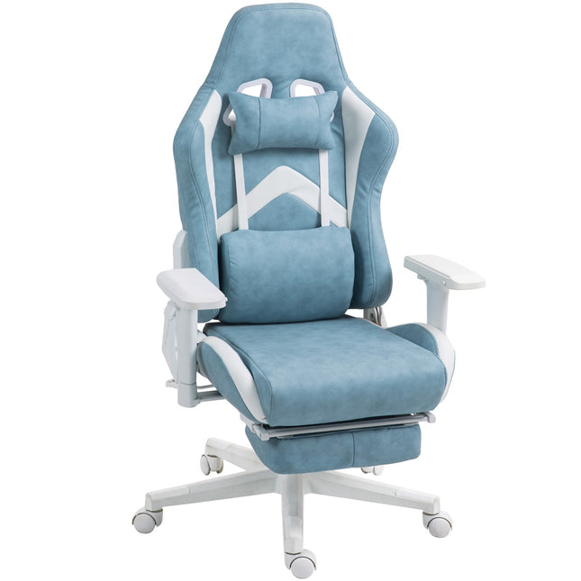 Blue Ergonomic gaming chair, reclining with footrest and cushions