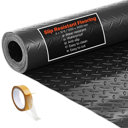 Garage Floor Mat Roll, 4 x 10 ft PVC Diamond Plate, Black