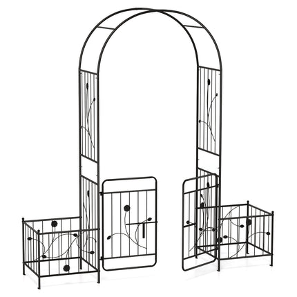 Spalier de grădină cu poartă încuiată, jardiniere laterale, metal negru