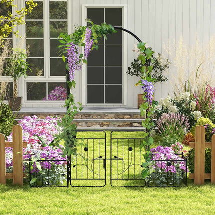 Spalier de grădină cu poartă încuiată, jardiniere laterale, metal negru
