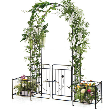 Spalier de grădină cu poartă încuiată, jardiniere laterale, metal negru