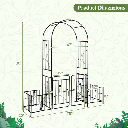 Spalier de grădină cu poartă încuiată, jardiniere laterale, metal negru