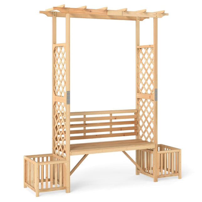 Arc de grădină cu bancă și 2 jardiniere – lemn natural, 2 locuri