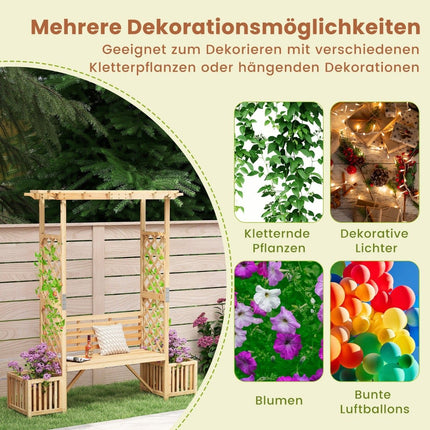 Arc de grădină cu bancă și 2 jardiniere – lemn natural, 2 locuri