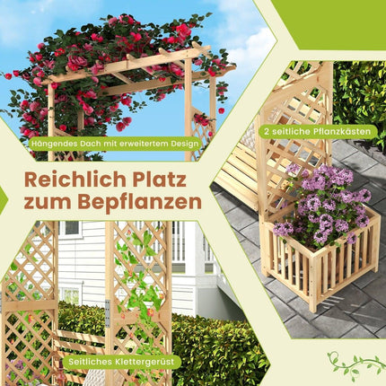 Arc de grădină cu bancă și 2 jardiniere – lemn natural, 2 locuri