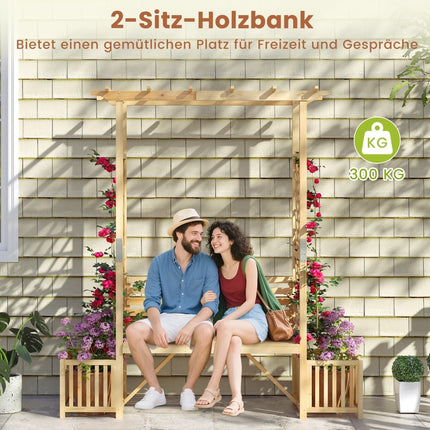 Arc de grădină cu bancă și 2 jardiniere – lemn natural, 2 locuri