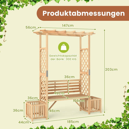 Arc de grădină cu bancă și 2 jardiniere – lemn natural, 2 locuri