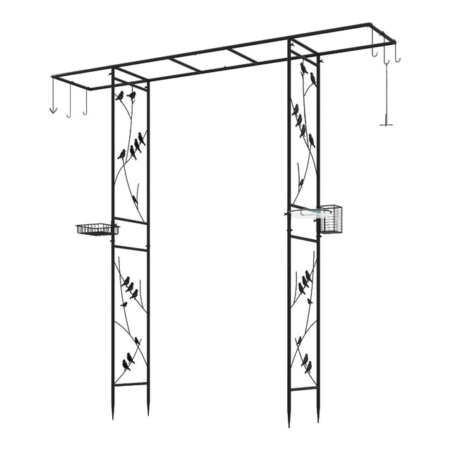 Arc de grădină cu hrănitoare pentru păsări și bol cu ​​apă, negru, 213 cm