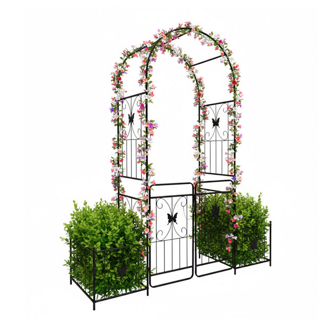 Arc de grădină cu poartă și jardiniere, spalier metalic