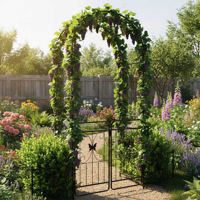 Arc de grădină cu poartă și jardiniere, spalier metalic