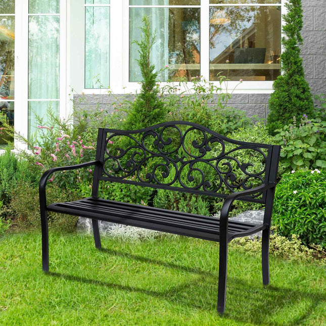Bancă de grădină Bancă de oțel cu 3 locuri cu cotiere din fontă neagră 127x60x89cm pentru grădină, terasă, balcon