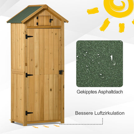 Wooden garden tool shed with shelves, asphalt roof, window