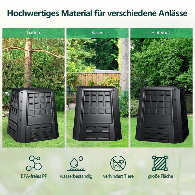 Compost de grădină 380L – Negru, PP durabil cu capac