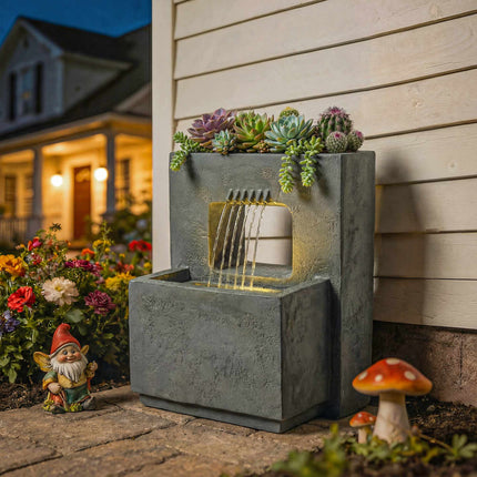 Fântână de grădină cu lumini LED și jardinieră, rășină
