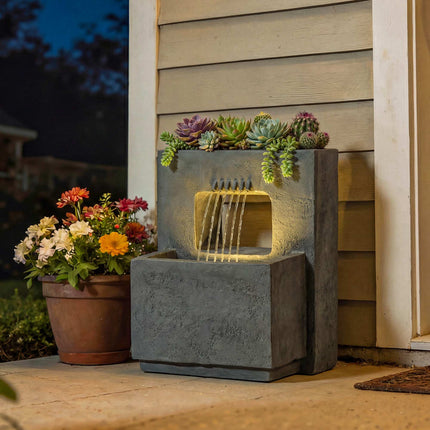 Fântână de grădină cu lumini LED și jardinieră, rășină