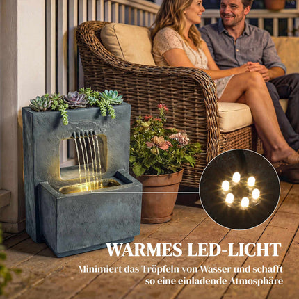 Fântână de grădină cu lumini LED și jardinieră, rășină