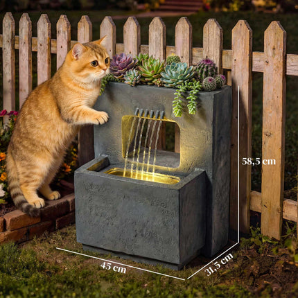 Fântână de grădină cu lumini LED și jardinieră, rășină