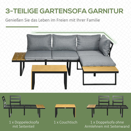 Garden furniture set for 3, aluminum & wood look, dark grey