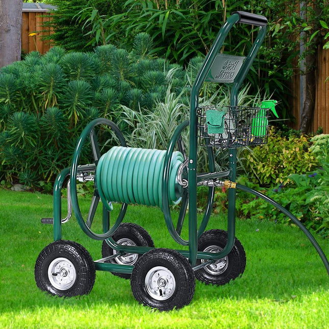 Cărucior pentru furtun de grădină Tambur pentru furtun Tambur pentru furtun cu coș Metal verde 96 x 62 x 113 cm