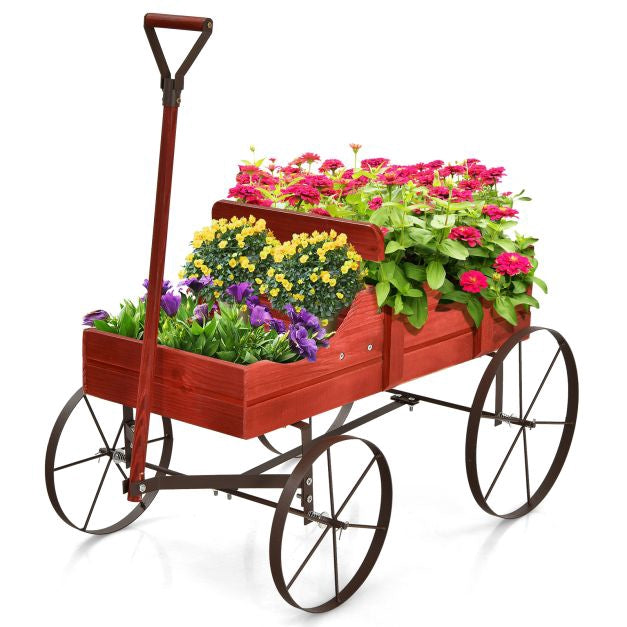 Cărucior de grădină pentru plantat, lemn de brad, 2 secțiuni, roți, roșu