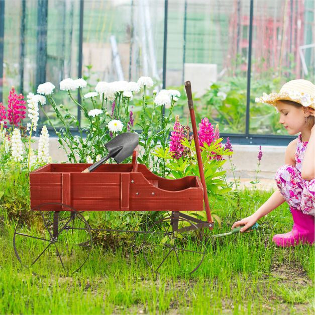 Cărucior de grădină pentru plantat, lemn de brad, 2 secțiuni, roți, roșu