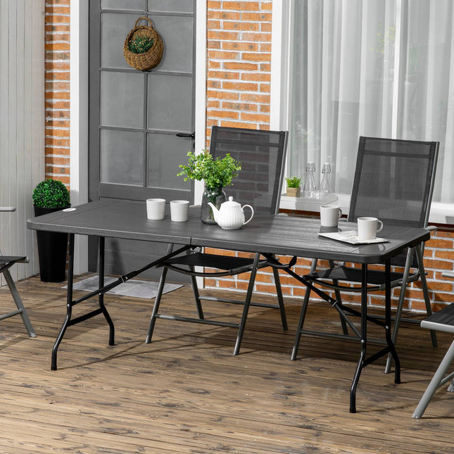Folding patio dining table for 6, wood look, dark grey